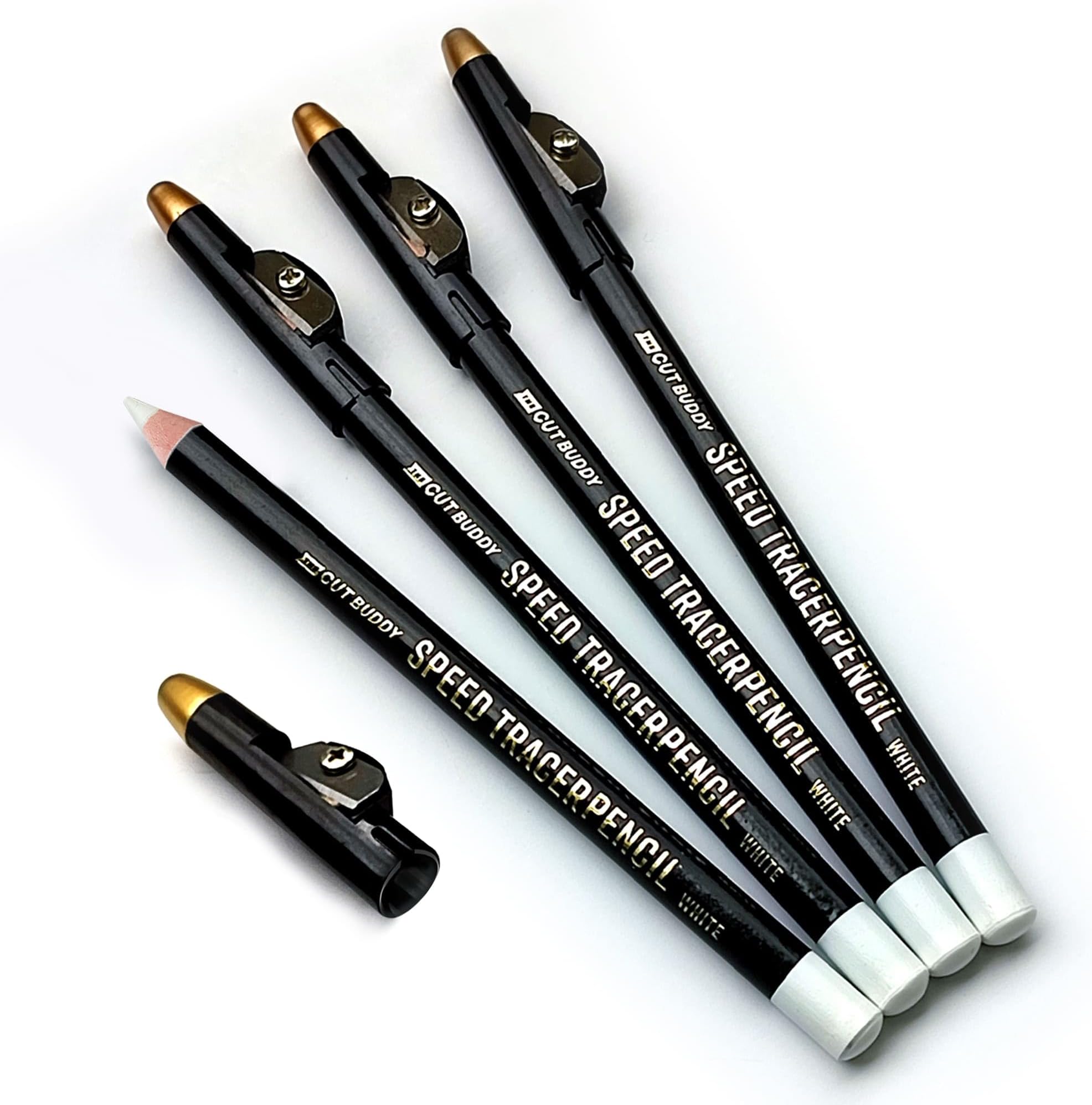 The Cut Buddy White Speed Tracer Barber Pencil 4-Pack with Sharpener, Outline Beard & Hairline Before Trimming, for All Skin Types