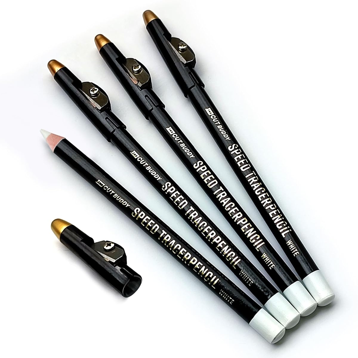 The Cut Buddy White Speed Tracer Barber Pencil 4-Pack with Sharpener, Outline