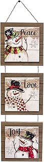 SeasonsEasy Snowman Wooden Wall Hanging, Peace Love Joy Triple Wood Plaque with Jute Hanger, 19.5 x 5.90 inches, Hanging sign for your Christmas Holiday Decor