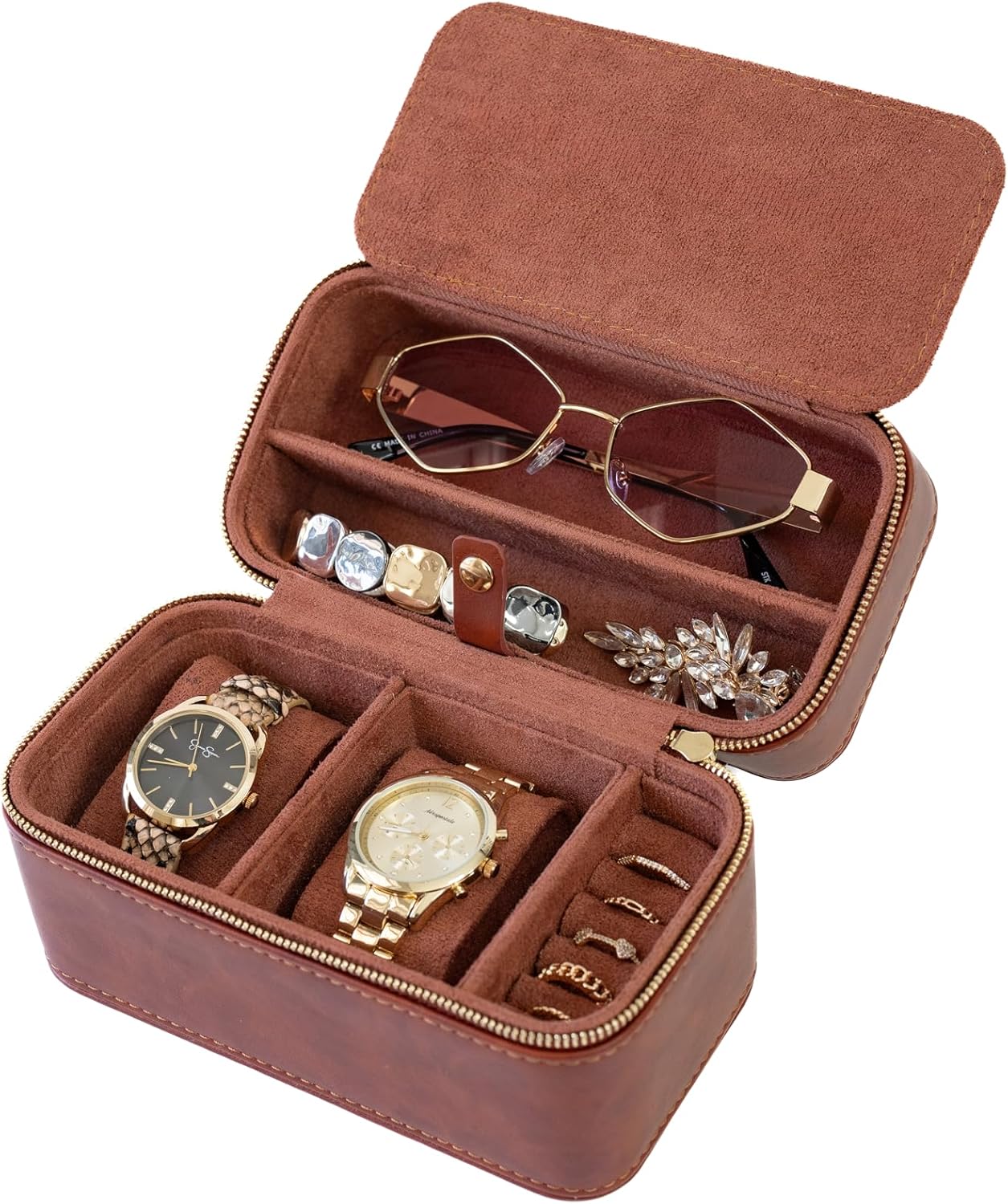 Watch and Jewelry Travel Case for Men & Women, Luxury PU Leather Organizer for 2 Watches, Rings, Earrings & Sunglasses - Black - Zippered Compact Travel Storage Jewelry Holder Gift (BROWN)