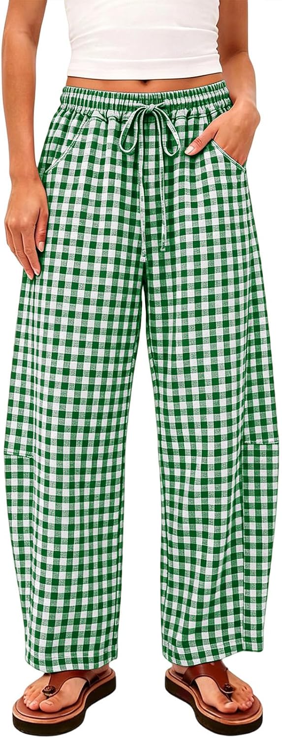 Women's Gingham Pants Plaid Pajamas Elastic Waist Lounge Bottoms Casual Summer Pants Wide Leg Fall Pant with Pockets
