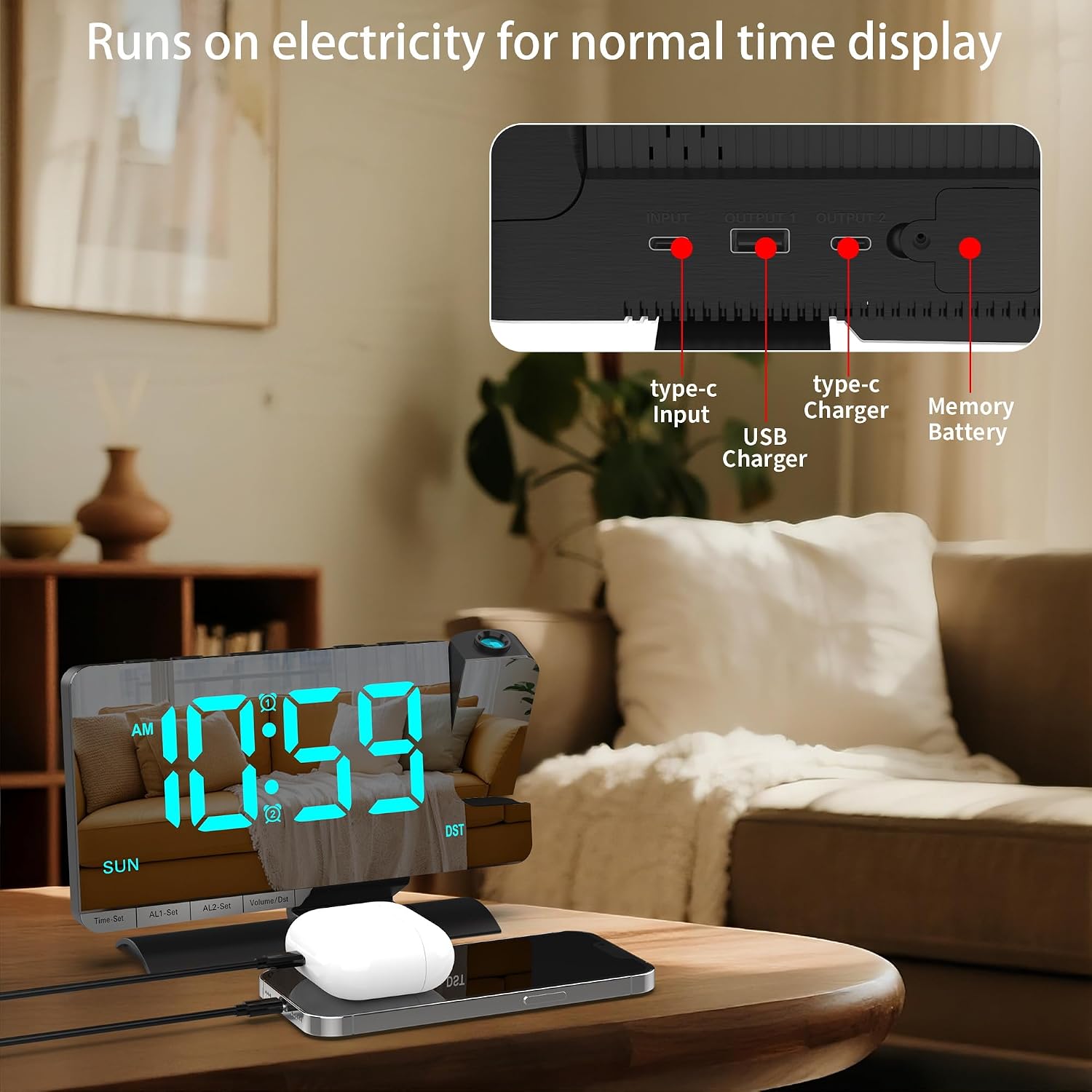 Projection Clock for Bedroom Ceiling, Black Digital Alarm Clock Room Decor