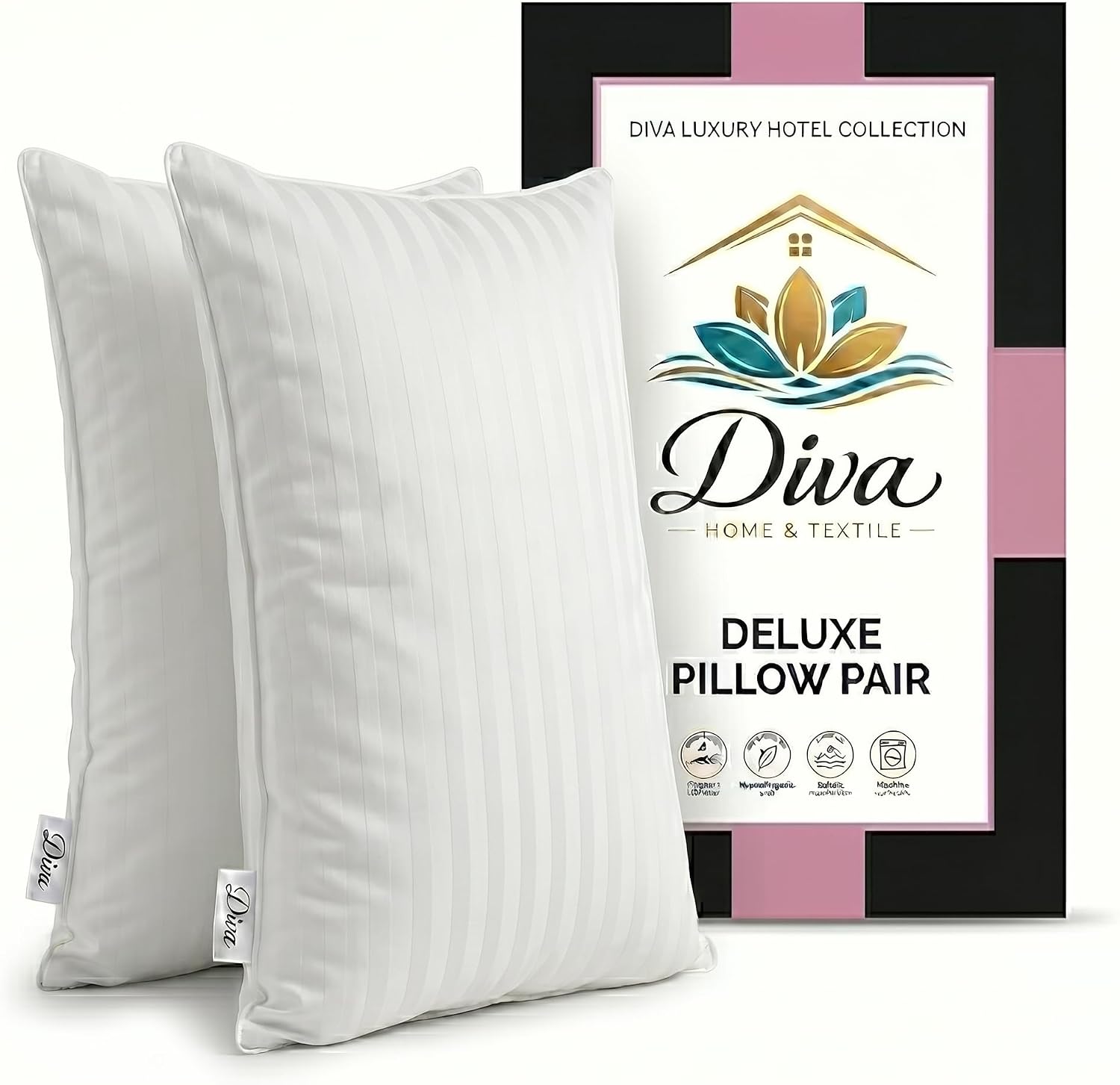 Diva Home & Textile Bed Pillows Pair 2 Pack Hotel Collection Luxury Hollowfibre Microfiber Sleeping Pillows Bounce Back Firm Support Anti Allergy Breathable for Side & Back Sleepers UK Made