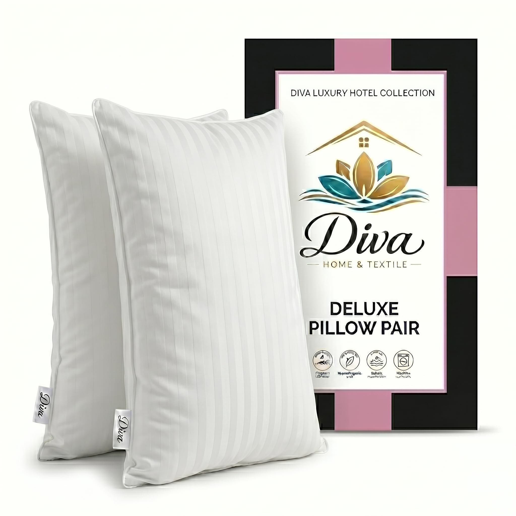 Diva Home & Textile Bed stripe Pillows Pair 2 Pack Hotel Collection Luxury Hollowfibre Microfiber Sleeping Pillows Bounce Back Firm Support Anti Allergy Breathable for Side & Back Sleepers UK Made