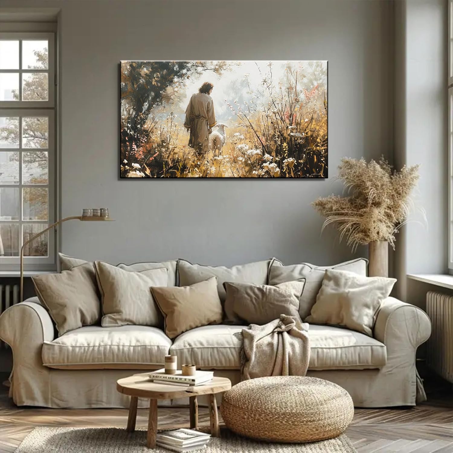 1Pcs Vintage Framed Jesus Lamb Paintings Canvas Wall Art Shepherd Flock Paintings Christian Wall Decor Modern Pictures Religious Art Print for Living Room Bedroom Decoration24x36in