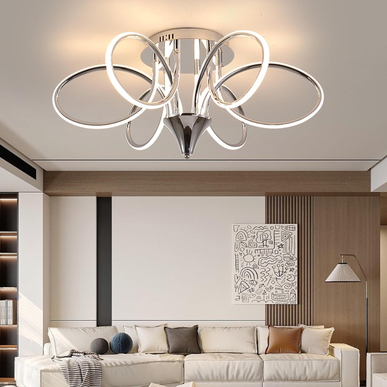 Chrome/Black LED Ceiling Light with Remote Control, Dimmable Lustre with 3 Color Temperature,6 Lights Chandelier for Dining Room (Chrome, Dia30 x H13)