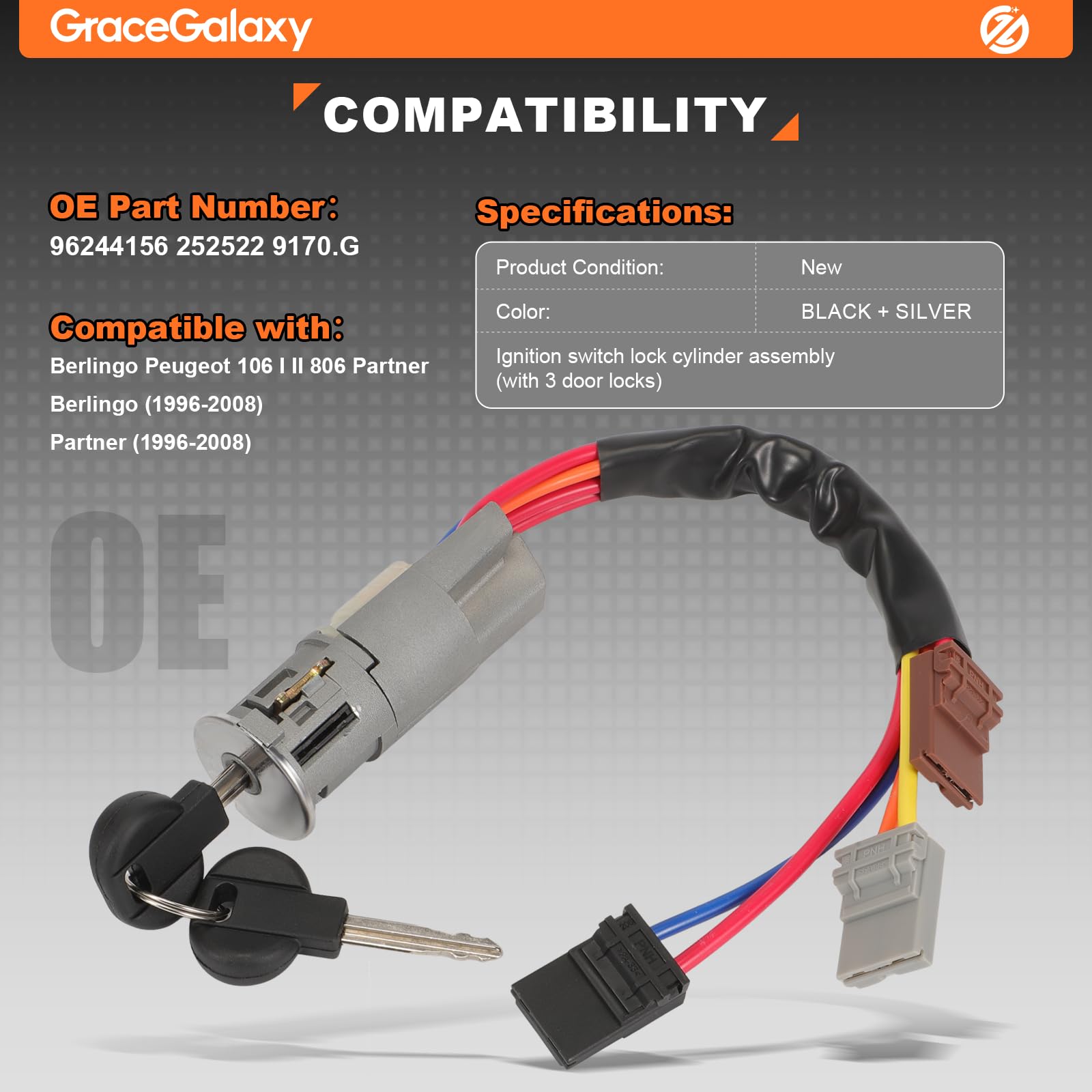 GraceGalaxy Interruptor de Bloqueo de Encendido para Berlingo 1996-2008, 106 I II 806 Partner 96244156 252522
