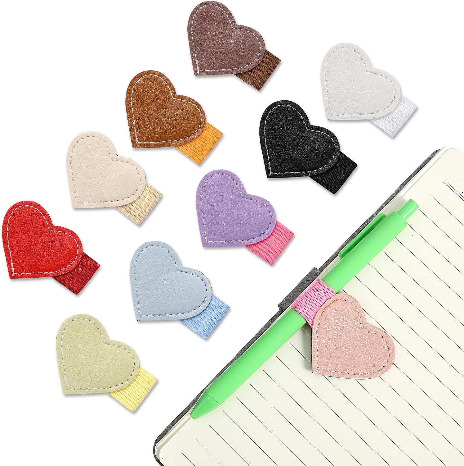 10Pcs Pen Loop Heart Self-Adhesive Pens Loop Holder for Notebook Pen Holder Leather Elastic Pencil Holders for Journals Desks Planners Calendars Office
