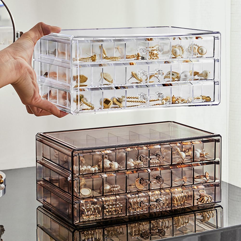 Earring Organizer Box Acrylic Stackable Jewelry Organizer with 3 Drawers 72 Small Compartments Clear Jewelry Display Stand for Stud Earring Ring Pin Display (Transparent)