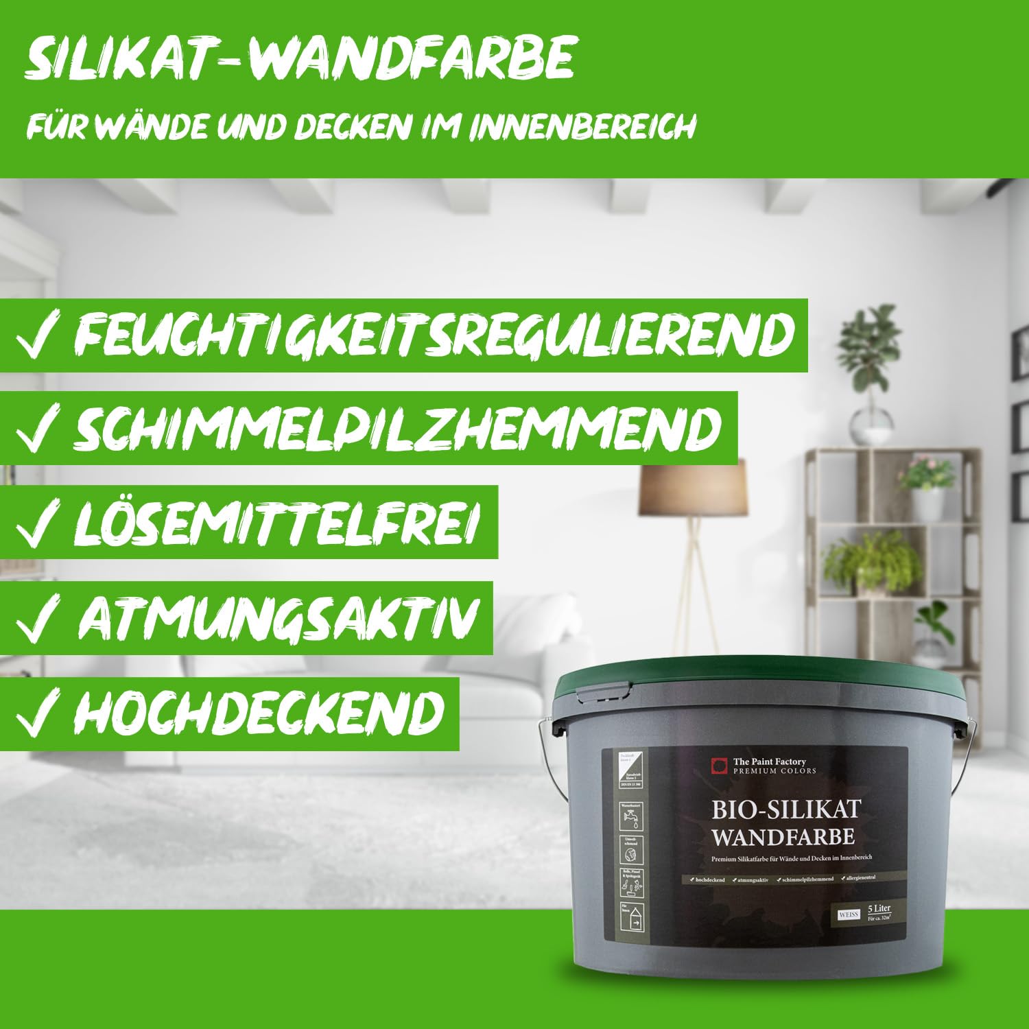 The Paint Factory Bio-Silikat Innenfarbe 5L weiss, Wandfarbe, Silikatfarbe innen, für Allergiker empfohlen