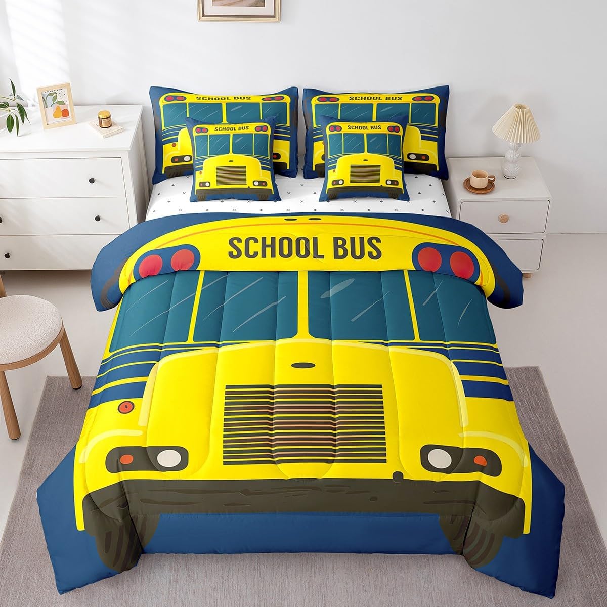 Castle Fairy Cartoon School Bus Reversible Comforter Set 7 Piece King Size,Bright Yellow Car Print Navy Blue Bed Sheet Set Vehicle Front Wheels Bedding Set with Comforter,Fitted & Flat Sheet