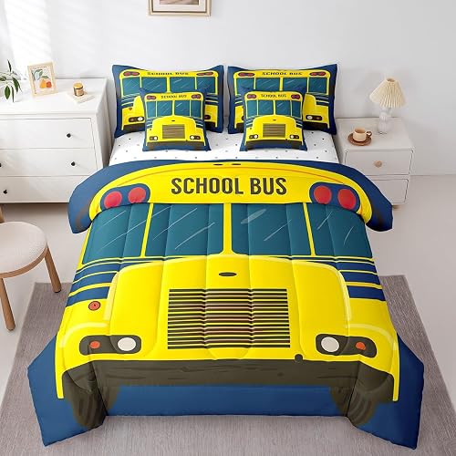 Castle Fairy Cartoon School Bus Reversible Comforter Set 7 Piece King Size,Brigh