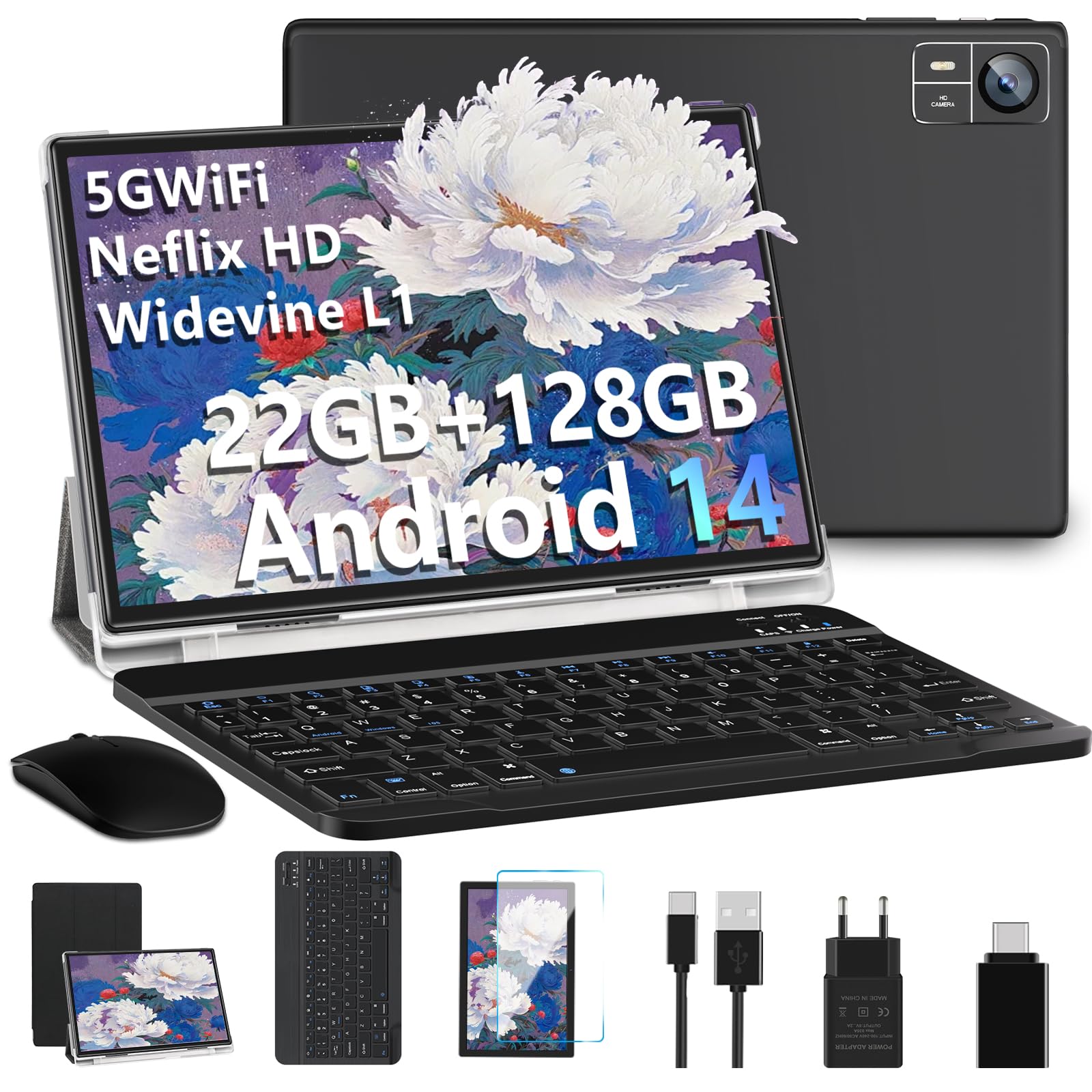 Tablets Android 14 10 Pollici 22GB RAM+128GB ROM(1TB TF), Octa-Core 2.0Ghz, 5G+2.4G WiFi, Bluetooth 5.0, GPS, 8MP + 5MP,Widevine L1, Tipo C, OTG, Cast, Tablet PC con Custodia, Tastiera e Mouse, Nero