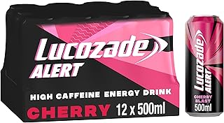 Lucozade Alert Cherry Blast 500ml – Can ; High Caffeine Energy Drink ; Naturally-sourced caffeine ;Great Taste; Contains vitamin B3 to help reduce tiredness ;Fully recyclable