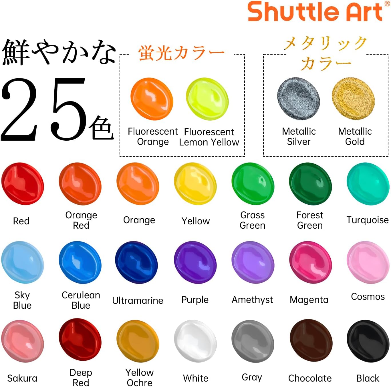 Акриловая краска Shuttle Art, набор из 25 цветов, акриловый пигмент, быстросохнущая, водонепроницаемая, прочная, 60 мл, кисть, 3 шт., яркий металлический флуоресцентный цвет с палитрой, Большая емкость, хорошая растягивающаяся иллюстрация, книжка-раскраска, поделки ручной работы, Флюид-арт, опрос, Краска Thor, нанесенная на холст / стекло / керамику / дерево, художественные материалы, фото 2