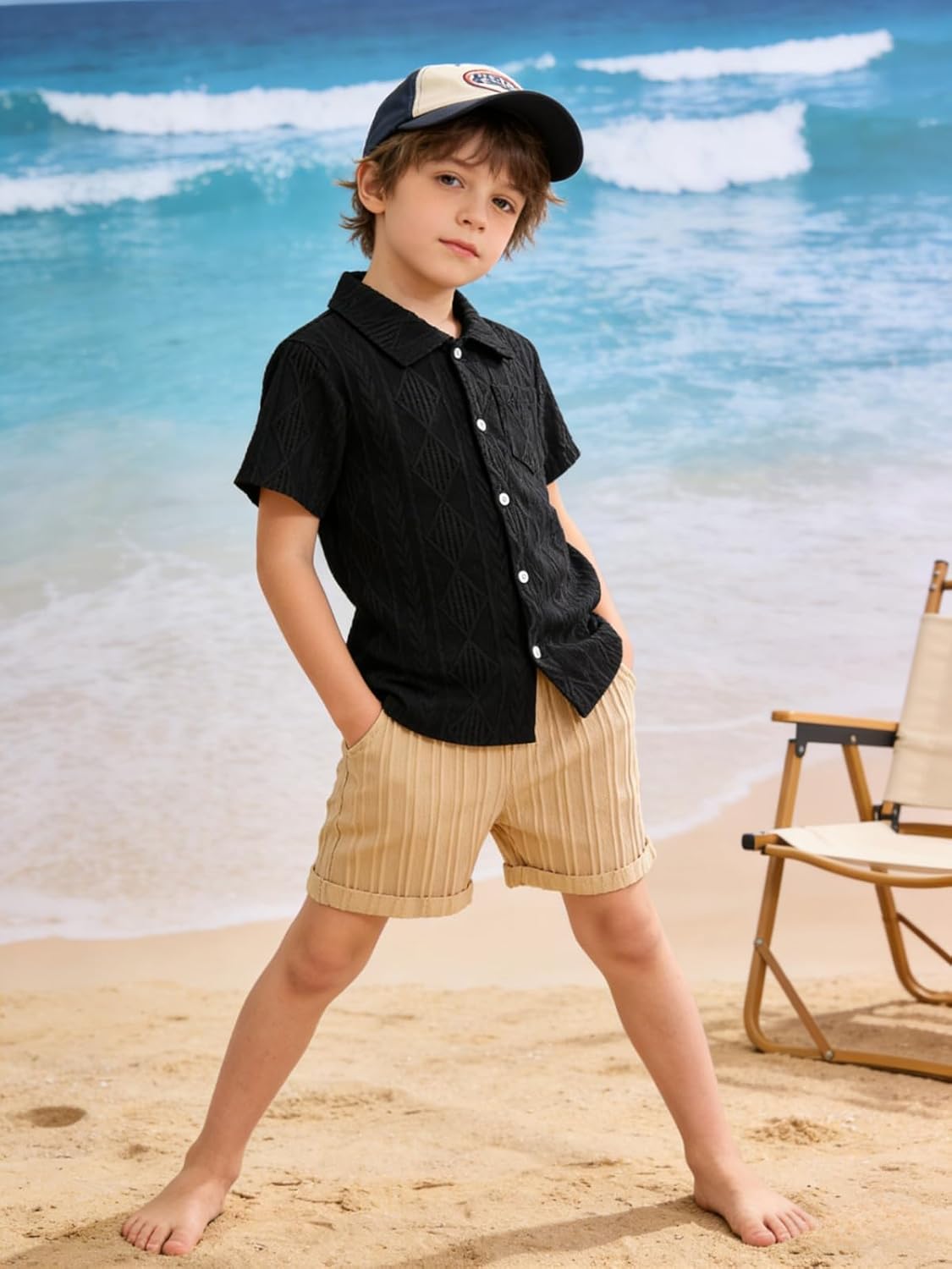 Boy's 2 Piece Clothes Textured Linen Summer Outfit Button Down Shirt Top & Shorts Clothing Set - Image 5