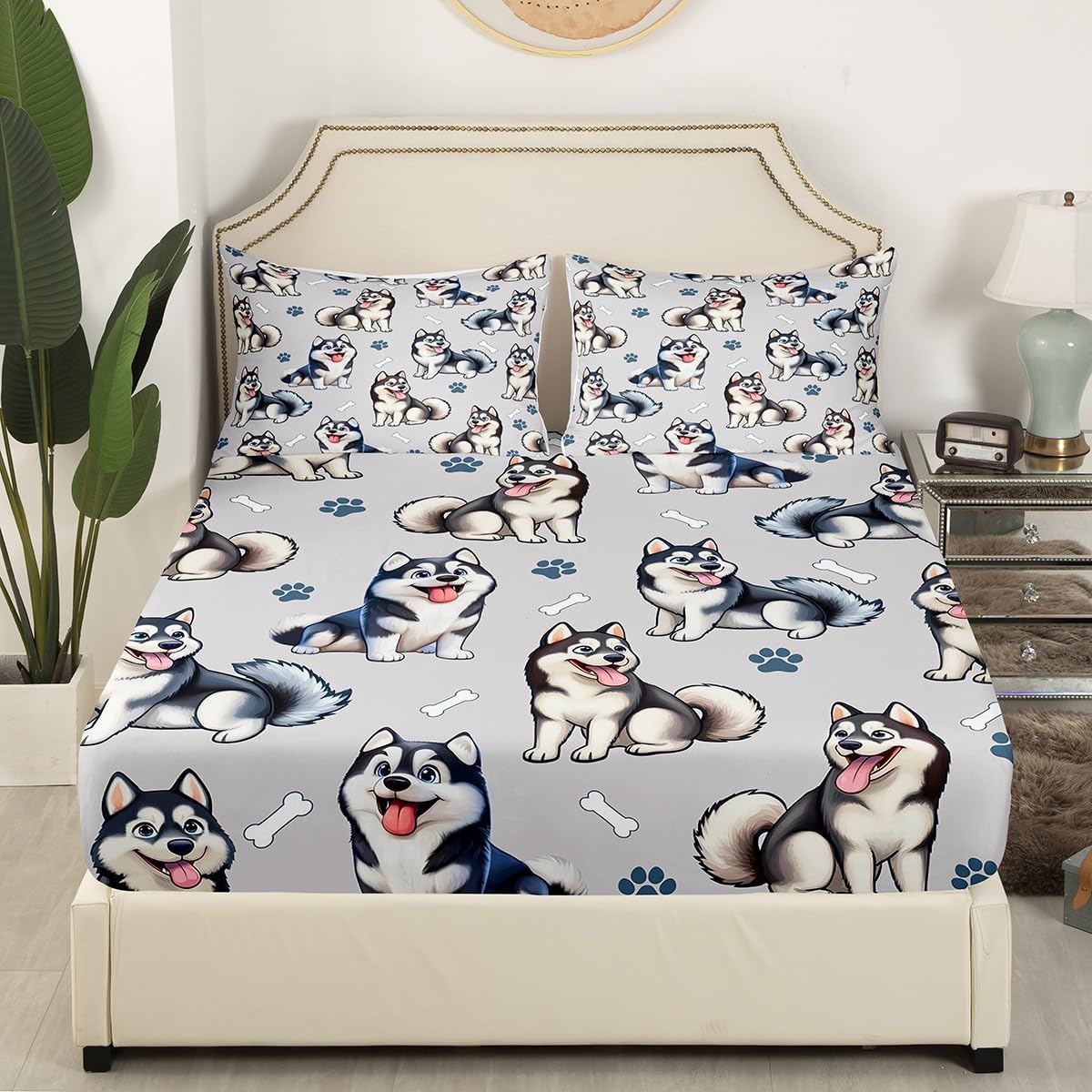 Dog Print Full Bed Sheets Cute Cartoon Animal Dog Fitted Sheet,Lovely Siberian Husky Bed Set for Dog Lovers Bedding Sets Dog Paw Print Bedding for Boys Girls Kids