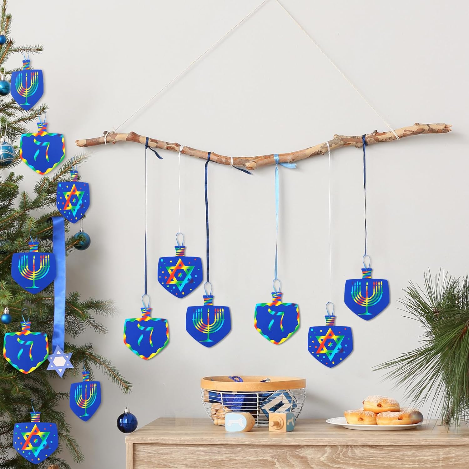 Liliful 60 Set Hanukkah Crafts for Kids Dreidels Colorful Scratch with 30 Wooden Scratch Tools Blue Dreidel Hanging Craft Art Kit for Kids Gifts Chanukah Party Favors Home Activities School Decoration