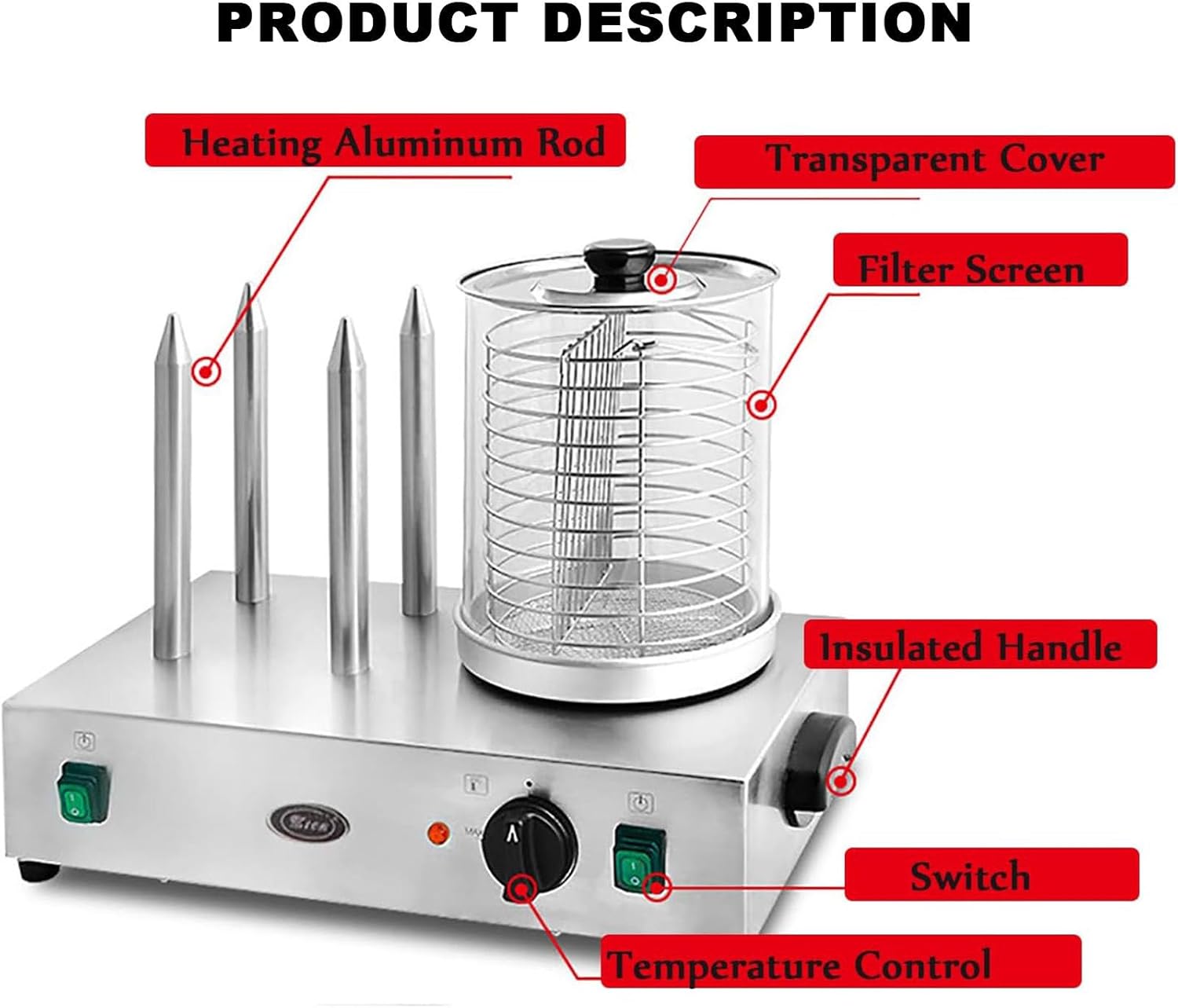 Electric Hot Dog Machine, Stainless Steel Sausage Grill, with Switch for Speed Control, Place 15-20 Sticks at A Time, Bread Can Be Baked On The Heating Rod,Norod,Norod