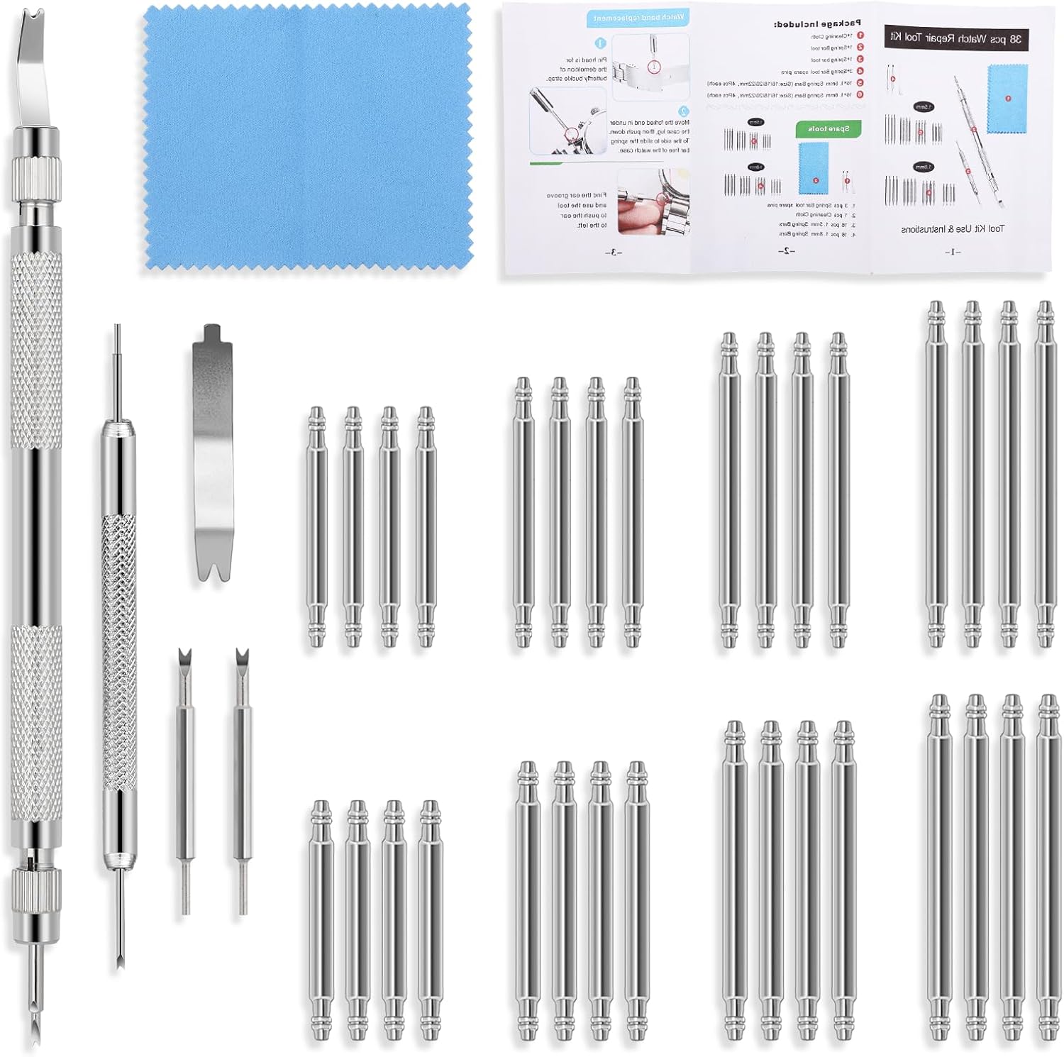 39PCS Watch Pins Replacement Kit, Watch Band Pins Repair Tool with Spring Bar, 18/20/22/24mm Stainless Steel Watches Pin for Watches Band Repair