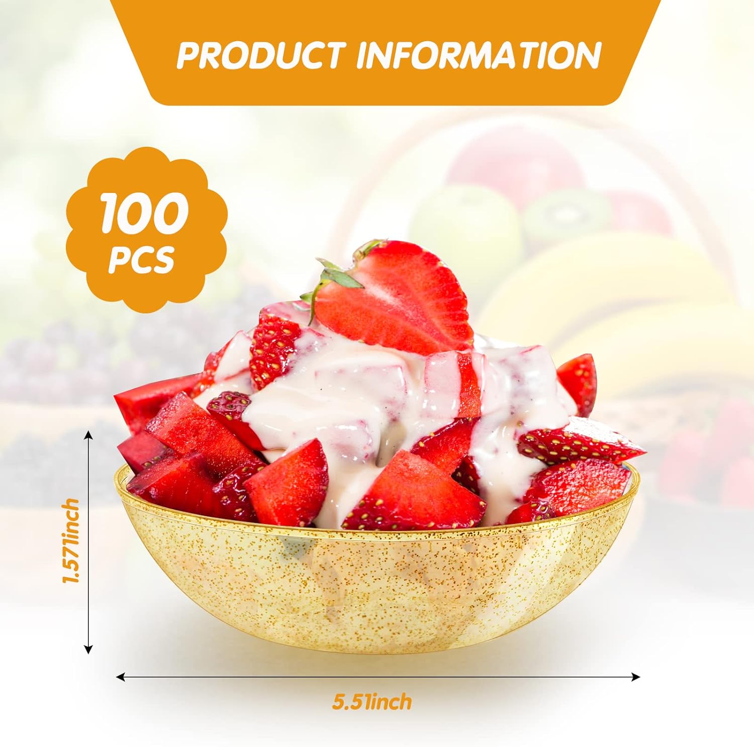 Gerrii 100 Pack Gold Glitter Plastic Bowls 14oz Disposable Salad Serving Bowls Heavy Duty Clear Dessert Soup Containers for Party, Wedding, Birthday, Dinner and Christmas