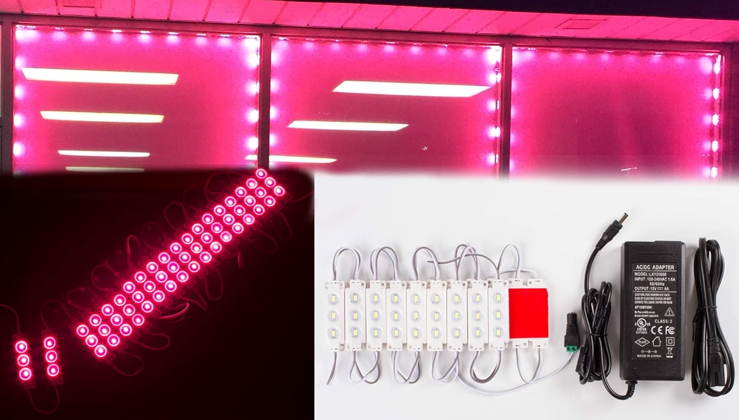 20ft Storefront Super Bright Magenta hot Pink LED Light Module 5630 with UL 12v 3 Amps AC Power