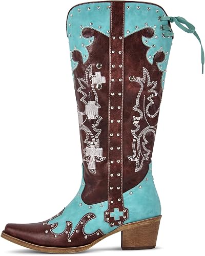 sexytag Embroidered Cowboy Boots Knee High Rivet Studded Two-Tone Pathwork Cowgi