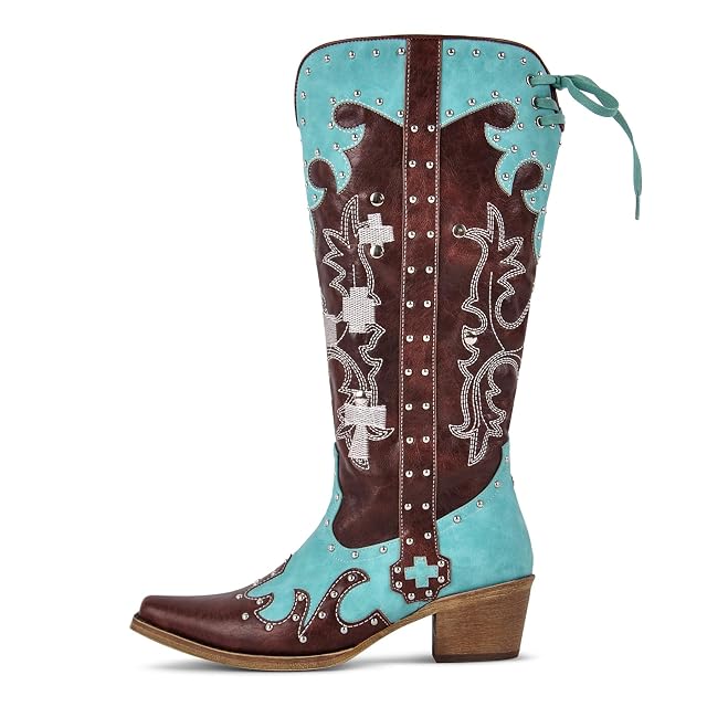 sexytag Embroidered Cowboy Boots Knee High Studded Two-Tone Pathwork Cowgirl Boots Wide Calf Low Heel Pointed Toe Side