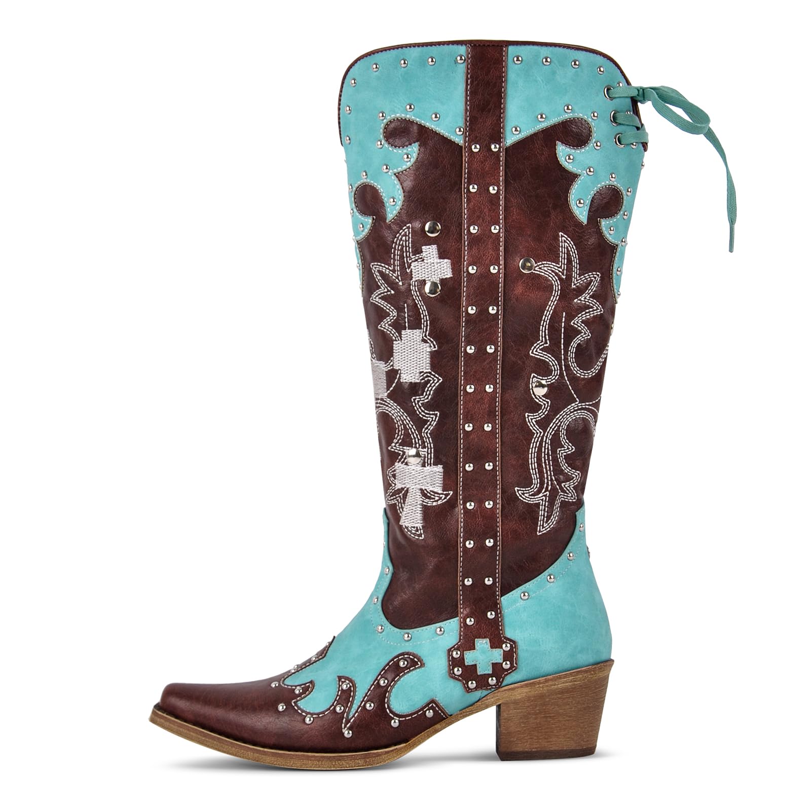sexytag Embroidered Cowboy Boots Knee High Studded Two-Tone Pathwork Cowgirl Boots Wide Calf Low Heel Pointed Toe Side