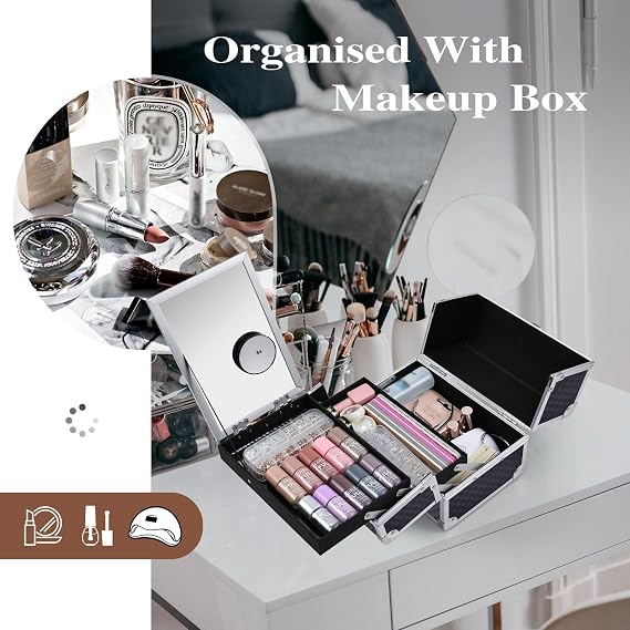 Joligrace Vanity Case Makeup Box Cosmetic Organiser Box Beauty Storage Makeup Up Train Case with Mirror and Magnification(5X) Spot Mirror, Black
