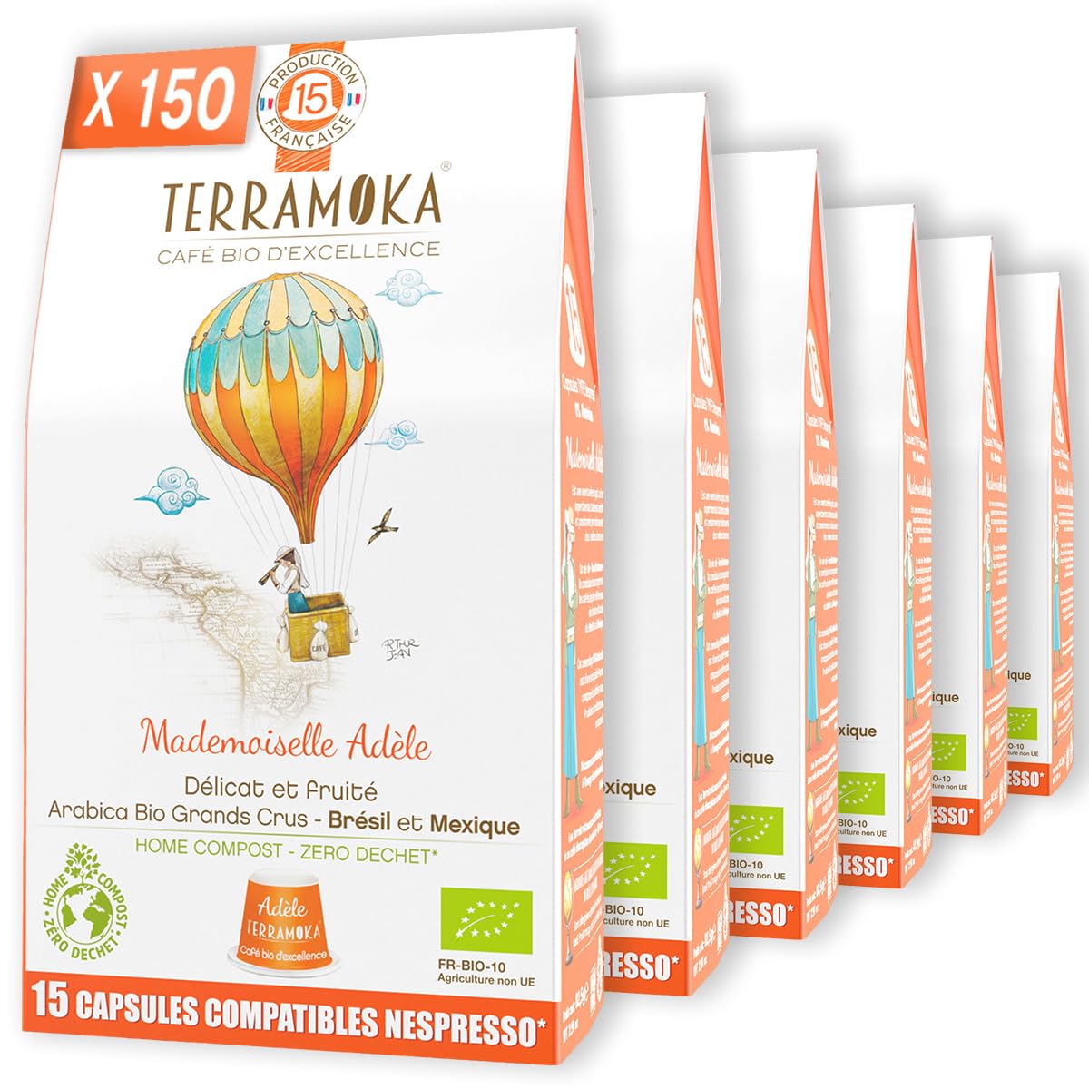 TERRAMOKA - 150 Capsules Café Bio d’excellence (15 * 10) - 100% Pur Arabica Brésil et Mexique - Délicat et Fruité - Compatibles avec Nespresso - HomeCompost - Mademoiselle Adèle - Torréfié en France