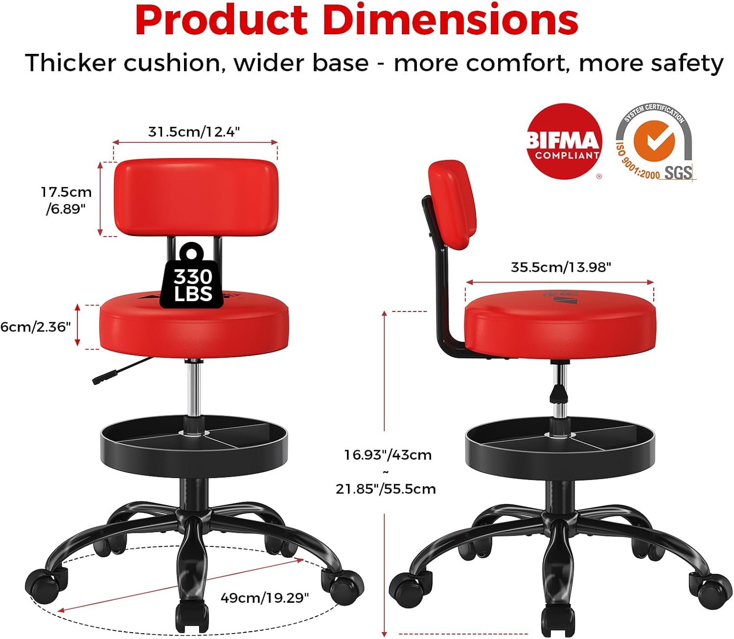 Rolling Shop Stool with Wheels, Garage Work Mechanic Stool, Red thumbnail