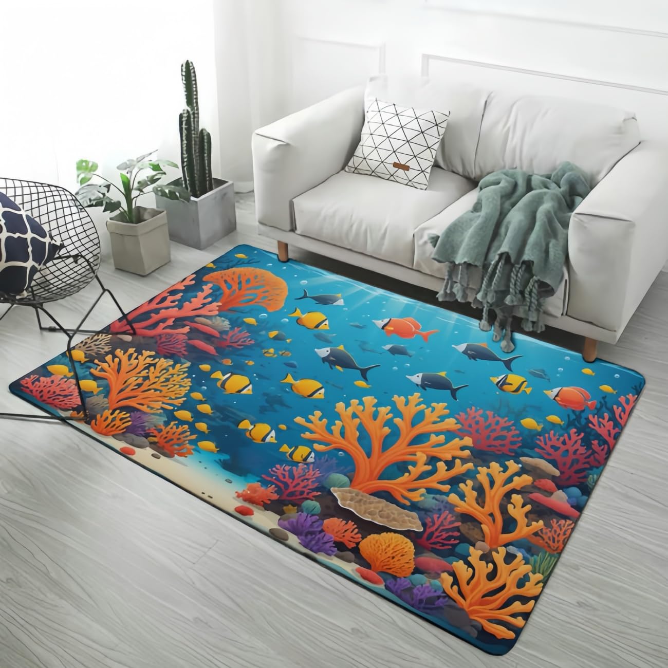 Tapis monde sous-marin dauphins récif corallien 120x180cm de salon