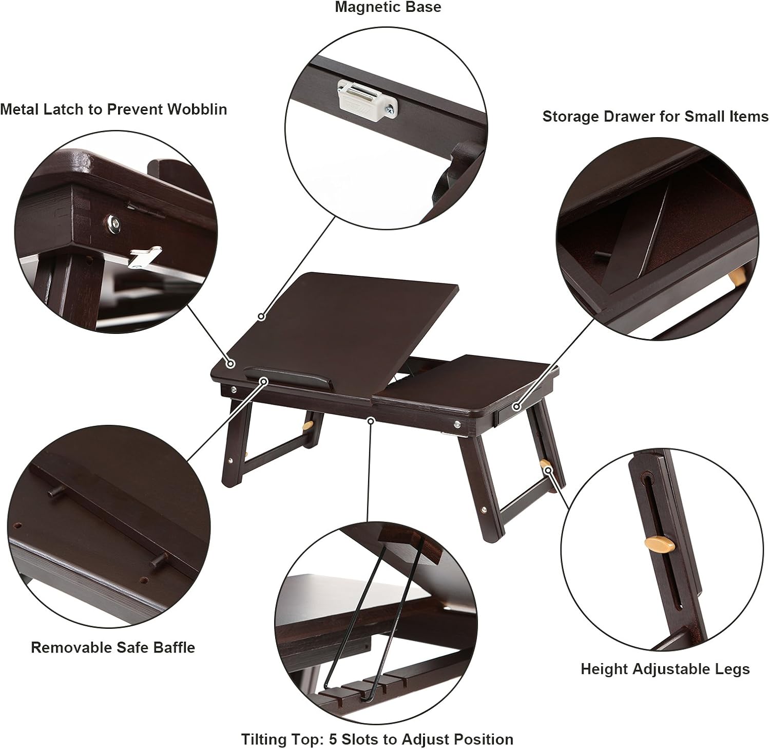 SONGMICS Laptop Desk, Folding Lap Tray, Bamboo Bed Desk with Tilting Top, Small Drawer, for Home Office, Bedroom, Brown ULLD01Z