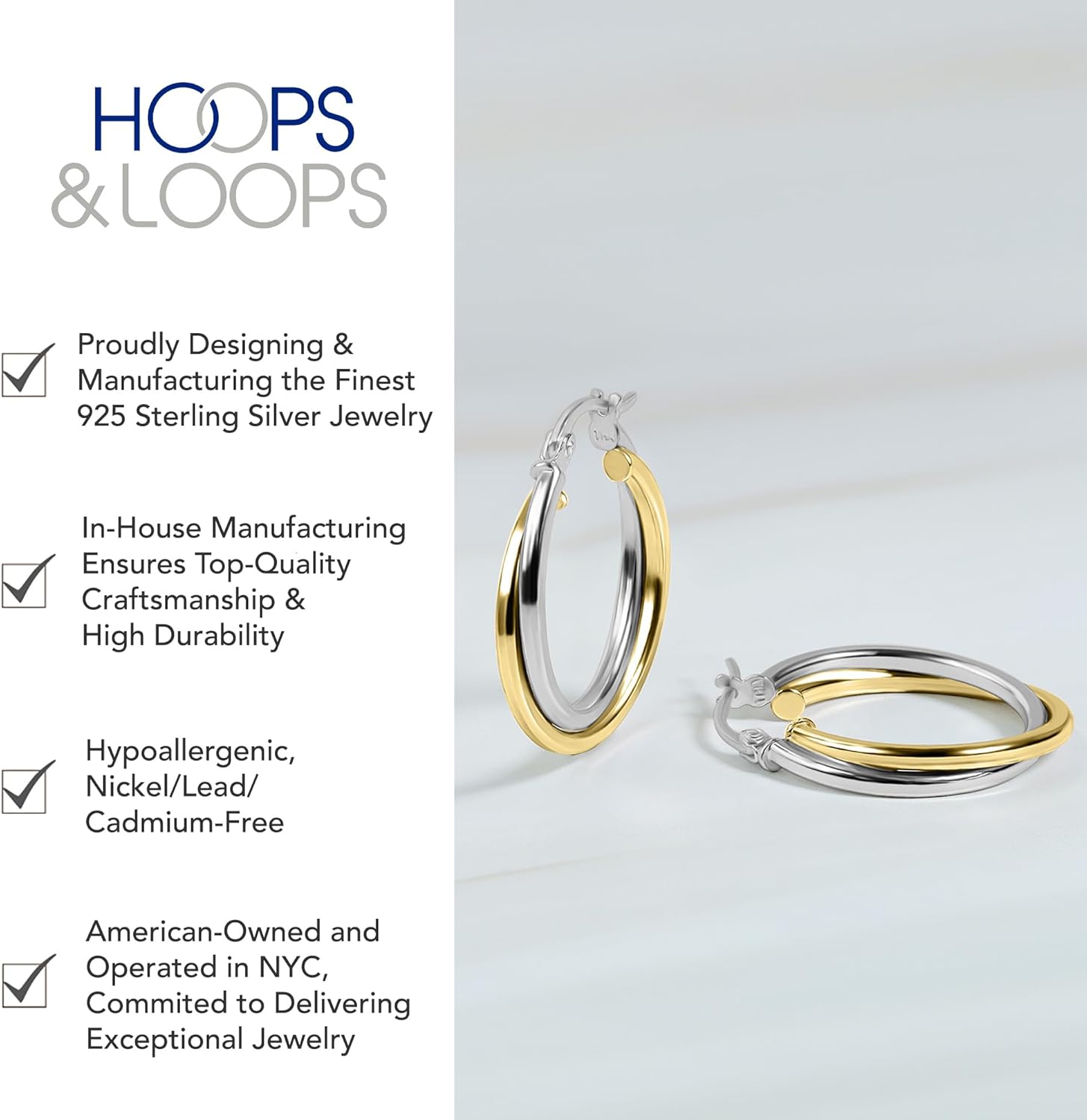 Hoops & Loops 925 Sterling Silver Intertwined Round Hoop Earrings for Women, Two-Tone Layered Trendy Double Square-Tube Hypoallergenic Click-Top Hoops, 20mm, 25mm, 35mm Silver, 14k Yellow Gold, Rose Gold, Black Flash Plated - Image 3