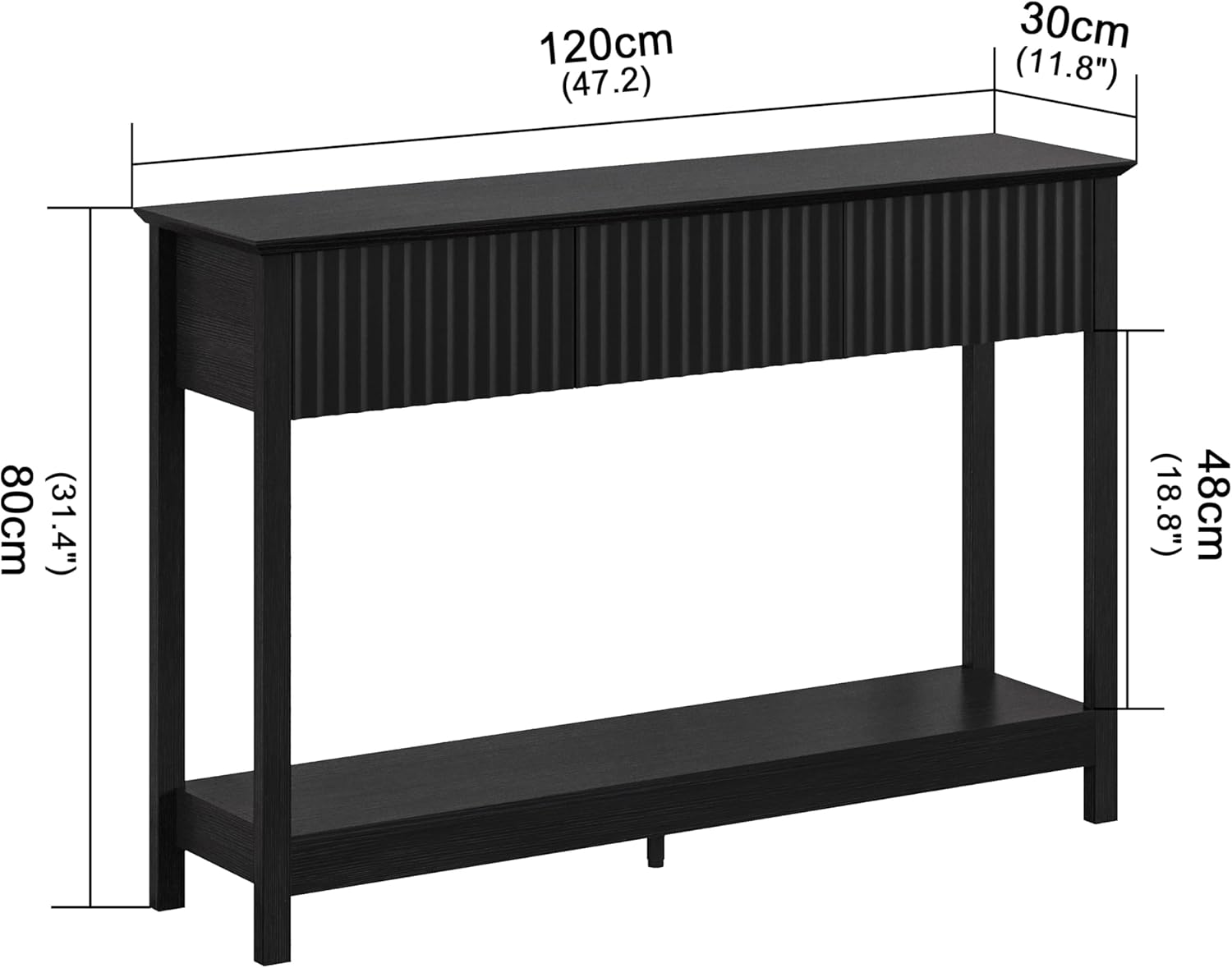 Treocho 47" Fluted Console Table with 3 Drawers, Narrow Long Entryway Table with Storage and Shelf, 2-Tier Sofa Table Behind Couch Accent Tables for Entrance Foyer, Hallway, Living Room, Black