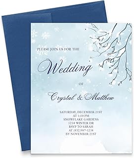 Winter Wonderland Wedding Invitations With Envelopes, Personalized Blue Wedding Invitation Cards, Marriage Celebration Invitations For Winter Weddings, Your choice of Quantity and Envelope Color