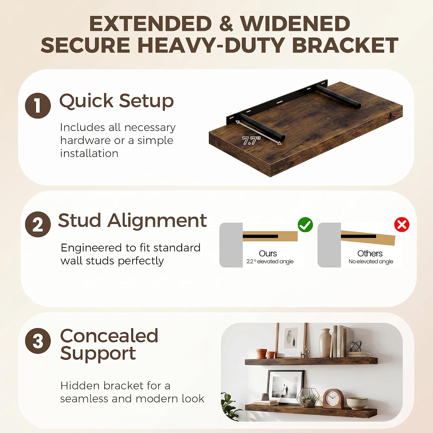 Fun Memories Deep Floating Shelves, 36" W x 12" D Wood Floating Shelves for Wall, 3 Pack Extra Deeper & Thicker Wall Mounted Storage Shelf for Living Room Laundry Room Kitchen Home Office, Brown