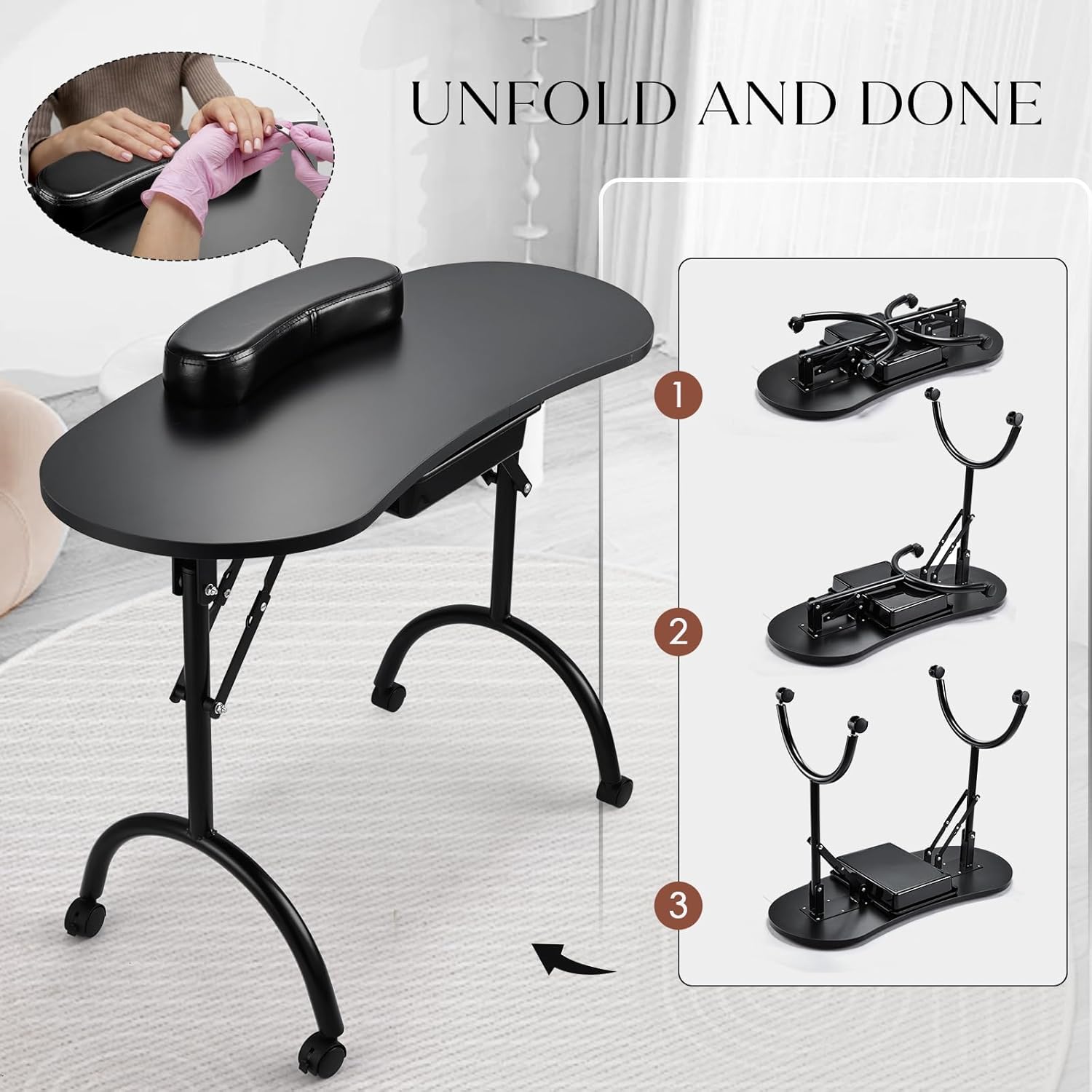 Portable Nail Table Manicure Desk Foldable Nails Tech Station Professional Nail Desk with Drawer & Wrist Rest Wheeled Manicurist Workstation for Home Spa Beauty Salon Black