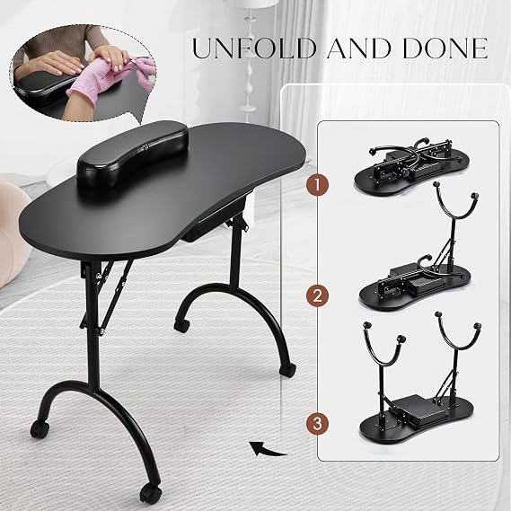 Faquenc Portable Nail Table Manicure Desk Foldable Nails Tech Station Professional Nail Desk with Drawer & Wrist Rest Wheeled Manicurist Workstation for Home Spa Beauty Salon Black