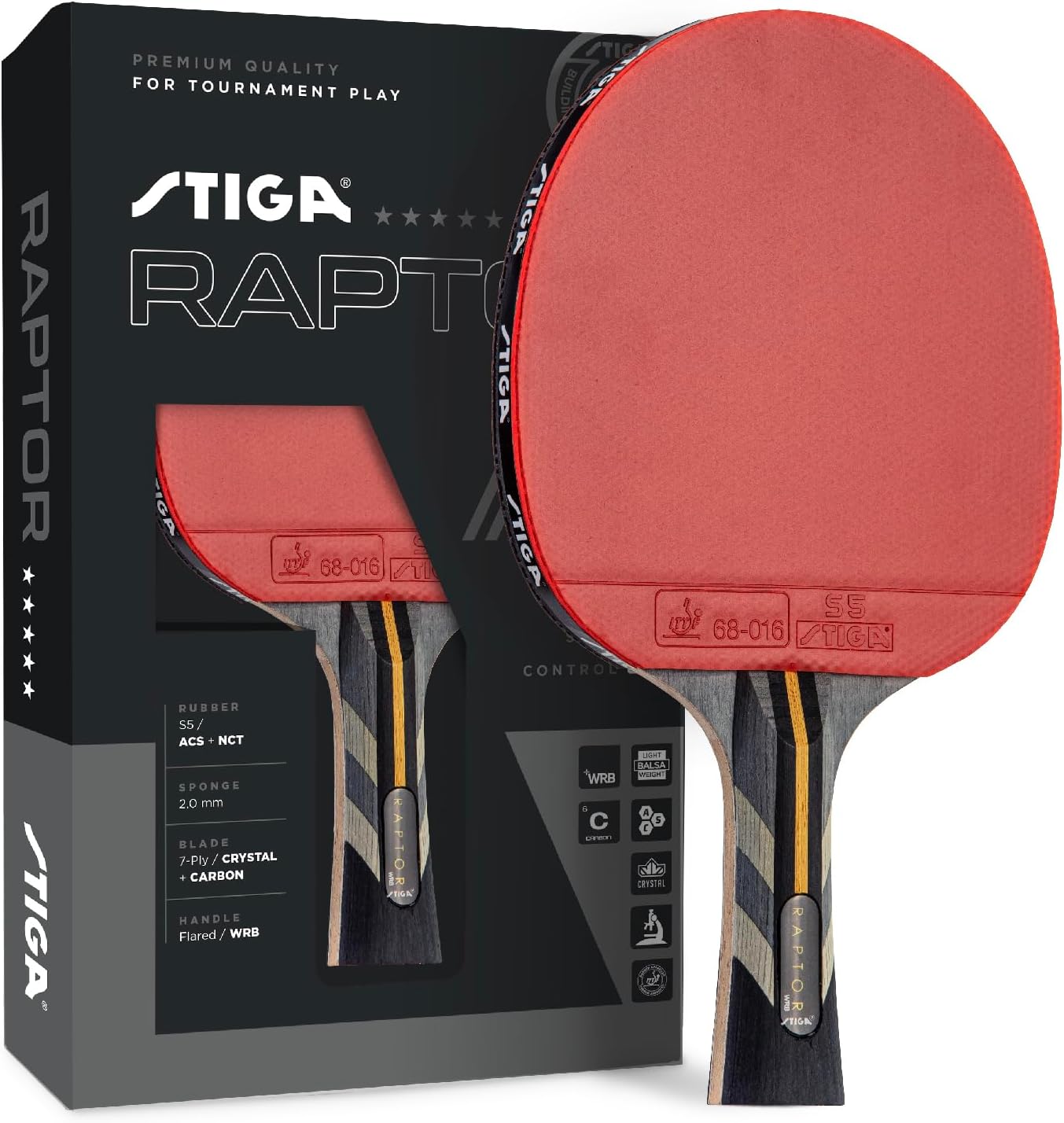 STIGA Raptor Performance Ping Pong Paddle - 7-ply Carbon Fiber Blade - 2mm Premiere Sponge for a Larger Sweet Spot - Flared Handle for Increased Control - Performance Table Tennis Racket