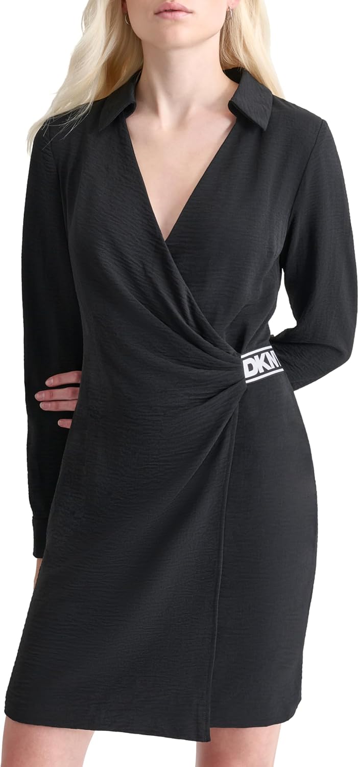 DKNY Womens Long Sleeve Side Tie Mini Shirtdress