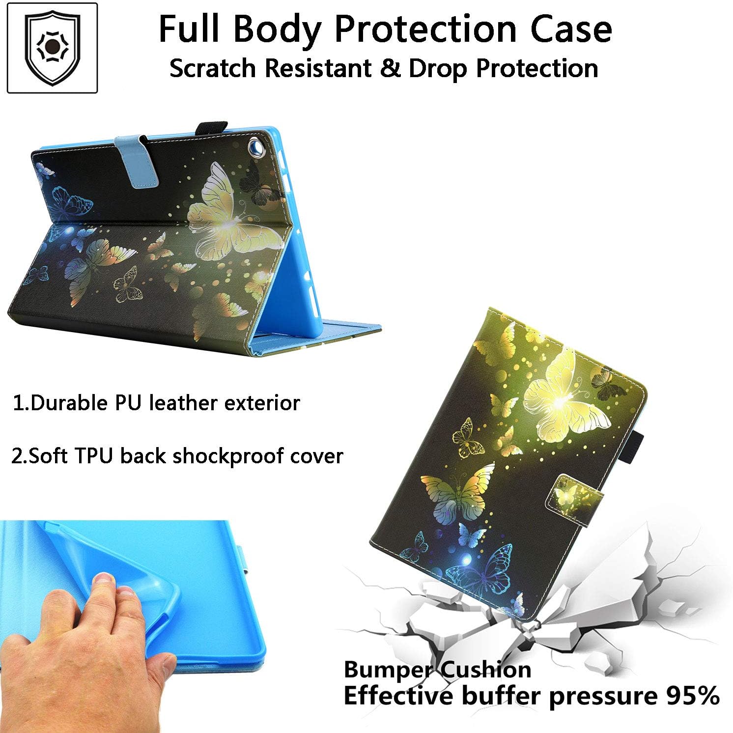 UUcover 8" Kindle Fire HD 8 Wallet Case 8th/7th/6th/5th Gen, Stand PU Leather [Auto Sleep/Wake] Folio Cover with Card Pencil Holder for Amazon Fire HD 8 Tablet 2018/2017/2016/2015,Gold Blue Butterfly