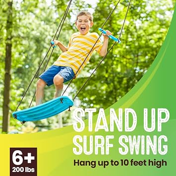 Swurfer Kick Stand Up Surfing Tree Swing Outdoor Swings for Kids Up to 200 Lbs - Hang from Up to 10 Feet High - Includes 24 SwingBoard, UV Resistant Rope, Handles