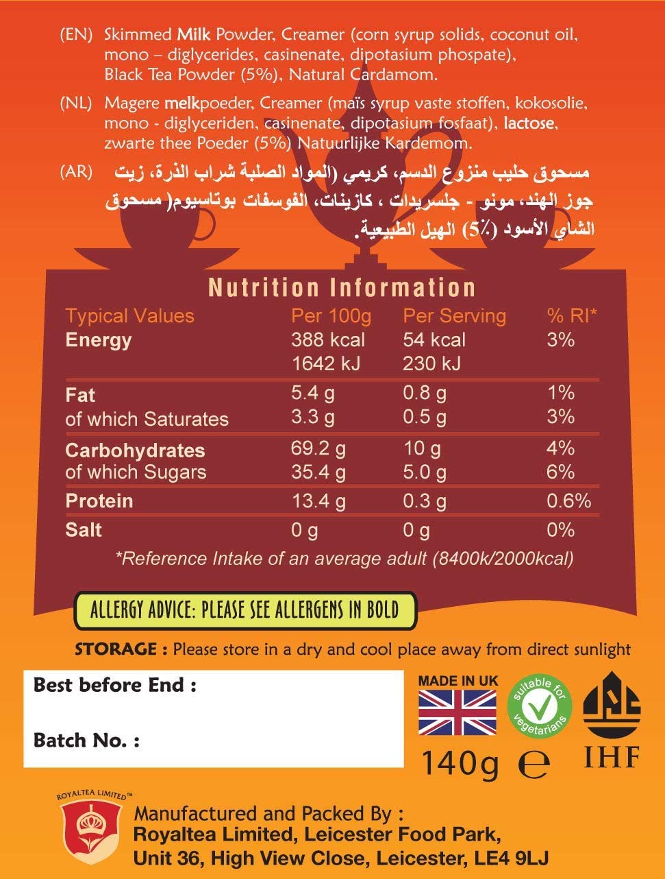 Royal Chai Karak Chai zuccherato 200g (confezione da 4) - Tè istantaneo Premium - Karak Tea - Naturale - Tè indiano Karak istantaneo