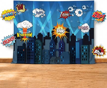 Superheroes Theme Party Photography Backdrop with Props. Super Hero Cityscape Photo Booth Background for Kids Party, Birthday Wall Decorations