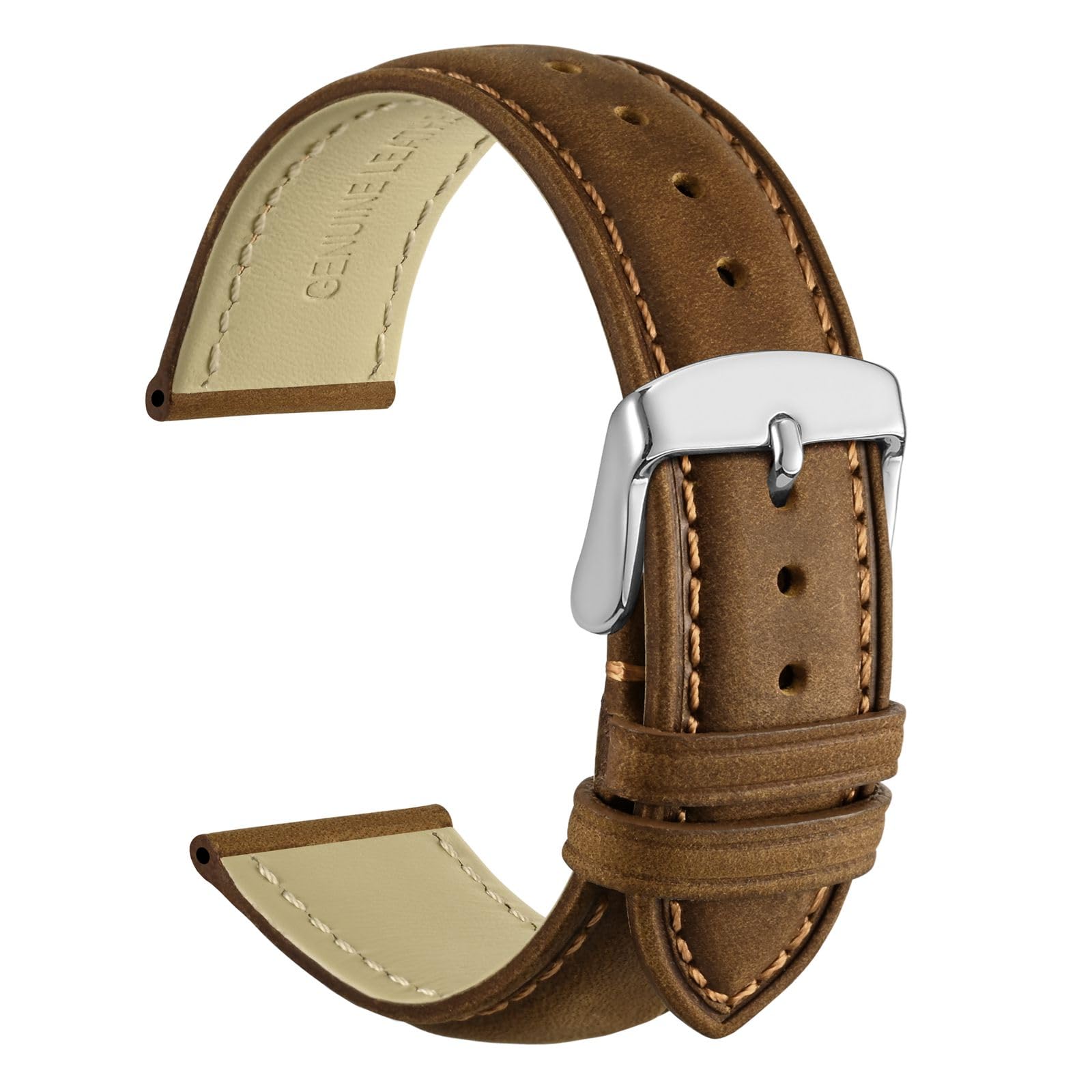 WOCCI 20mm Vintage Leather Watch Band for Men and Women, Silver Buckle (Sepia)