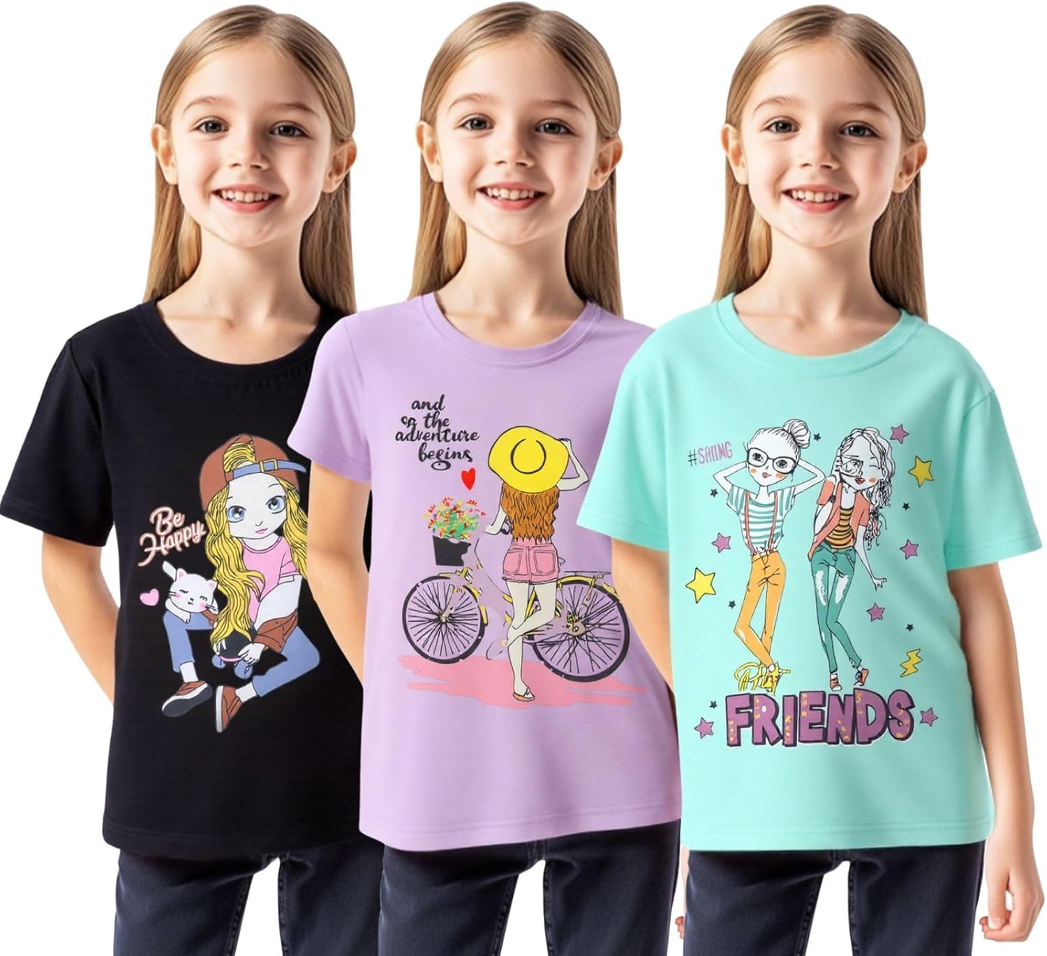HILEELANG Girl T-Shirts Short Sleeve Graphic Tees Cotton Casual Summer Tops Shirts 3 Packs - Image 2