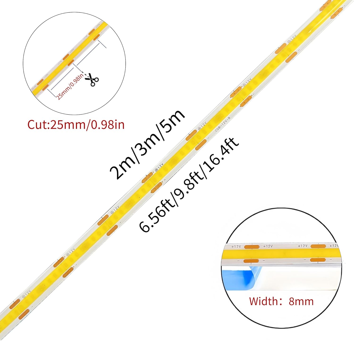 12V COB LED Strip Lights 9.84FT/3M(No Power Supply),Green,320LEDs/M,with 5521DC Female and red and Black Wire Connectors,8mm Width,IP20,for DIY Home Indoor Decoration