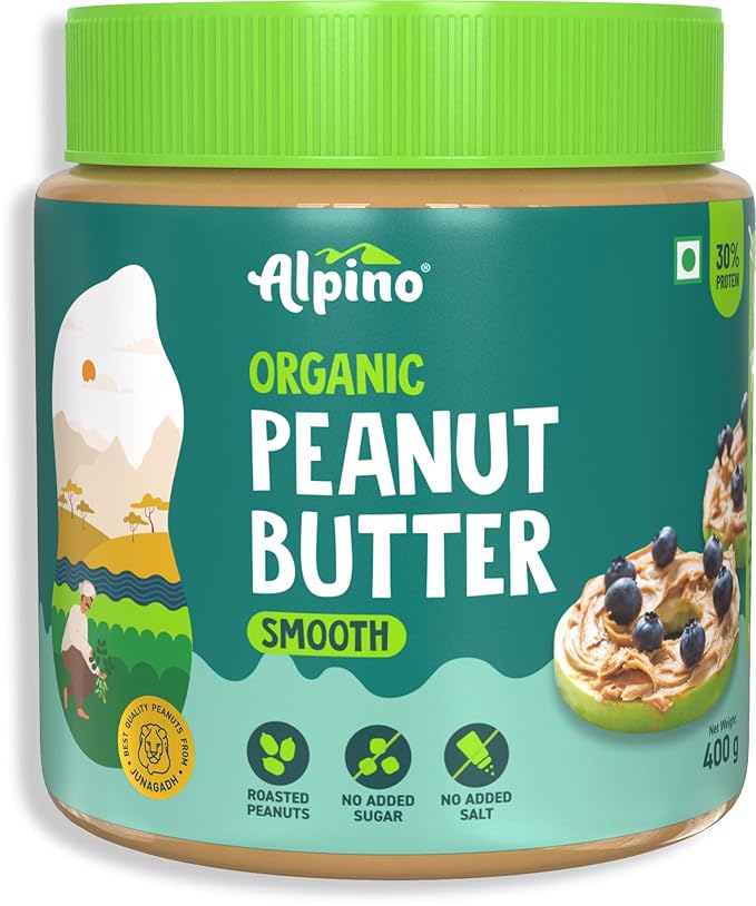 ALPINO Organic Natural Peanut Butter Smooth 400g - 100% Roasted Organic Peanuts - 30g Protein, No Added Sugar & Salt, non-GMO, Gluten Free, Vegan Plant Based, Unsweetened Peanut Butter Creamy